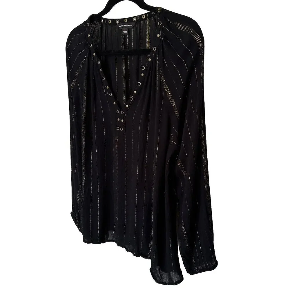 Metallic Striped Top  Night Blouse Black Gold Long Sleeve V-neck Women’s Size L - Picture 4 of 14